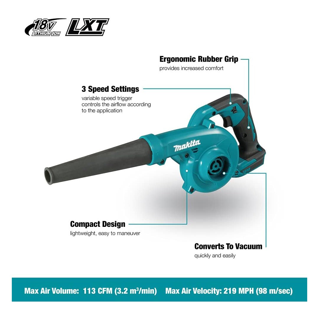 Makita DUB185 Cordless Blower – 18V LXT Kit with Dust Collection Bag & 2x 5.0Ah Batteries